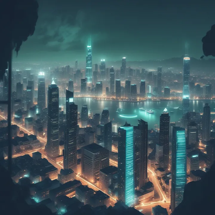 A turquoise city skyline at night, made by Rabt on the GPU